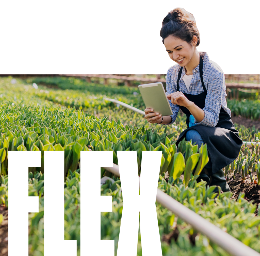 woman using tablet in garden with the word FLEX overlaid
